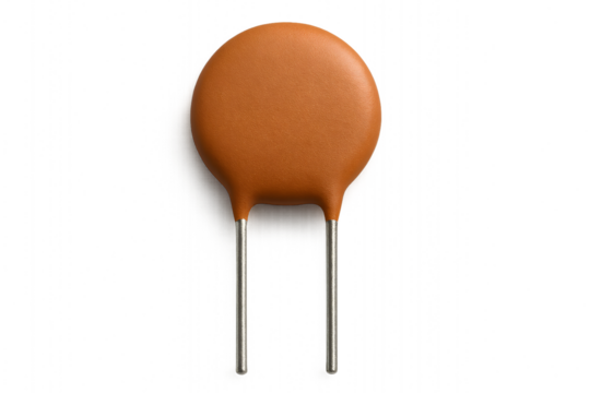 Macro close-up of orange resettable polyfuse (PTC) polymer resettable fuse disc with radial metal leads through-hole overcurrent protection component for pcb, power supplies, circuit protection.