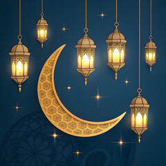 golden crescent moon with hanging lanterns on dark
