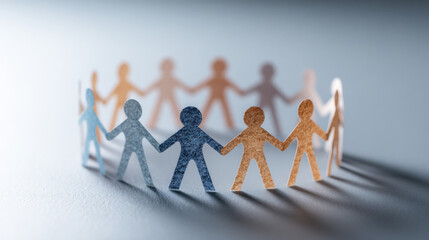 Cut-out figures of people holding hands in a circle create a sense of unity and connection on a grey surface in gentle light