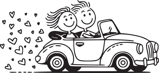 Obraz premium Couple in a convertible car: Animated illustration shows a joyous couple, a testament to love and adventure, cruising in a classic convertible car, symbolized by a trail of hearts.