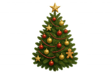 Christmas tree decorating holiday, featuring golden stars, red baubles, and gingerbread man ornament on transparent background