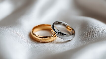 Elegant Pair of Wedding Rings Resting on Smooth Silky Fabric Close Up