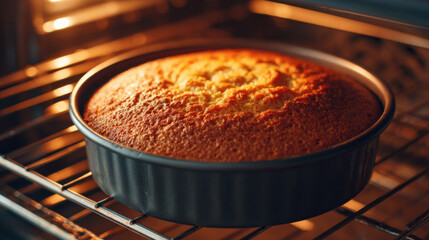 Delicious cake baking in an oven with golden brown crust visible in black round cake pan at home kitchen