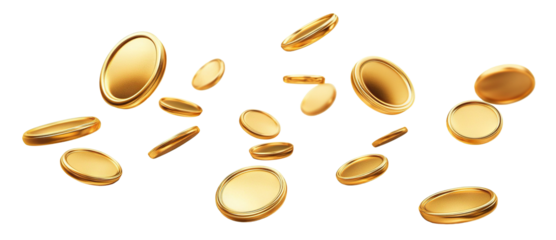 Shiny blank gold coins, tokens, or chips, flying in the air, isolated on transparent cutout background