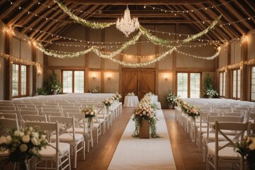 Eleganter Hochzeitssaal mit floralen Arrangements und romantischer Beleuchtung – ideal für eine unvergessliche Zeremonie