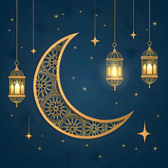 golden crescent moon with hanging lanterns on dark