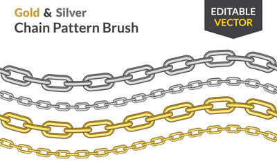 Gold & Silver Chain Pattern Brush Vector Set Editable Interlinked Designs for Fashion & Jewelry Luxury Graphic Elements for Digital Design Projects