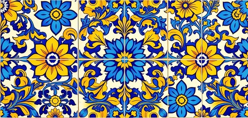 Fototapeta premium Intricate floral pattern in vibrant blues and yellows, handcrafted Spanish ceramic tile, Andalusian, texture