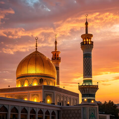 golden dome mosque with glowing lights at sunset