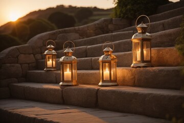 Romantische Beleuchtung von Laternen auf einer Treppe im warmen Sonnenlicht – perfekte Atmosphäre für Events und Feiern