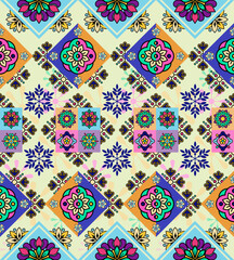 Vibrant Floral Diamond Ethnic Pattern. Bright Boho Seamless Textile. Colorful Indian Mandala Fabric. Abstract Mexican Tile Wallpaper. Summer Festival Vector Background.