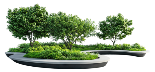 Urban landscaping bench with trees and bushes, isolated on transparent cutout background