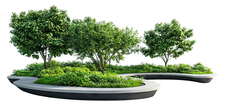 Urban landscaping bench with trees and bushes, isolated on transparent cutout background