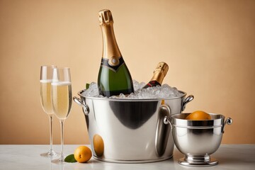 Luxuriöse Champagnerflaschen auf Eis mit eleganten Gläsern und frischen Zitrusfrüchten