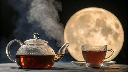 A brilliant glass teapot and cup with rising tea steam, backed by a glowing moon in a tranquil night scene