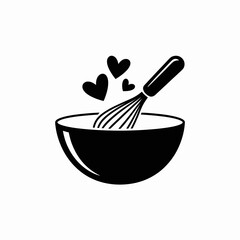Mixing Bowl with Whisk and Hearts Icon for Cooking and Baking Love Design