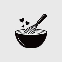 Mixing Bowl with Whisk and Hearts Icon for Cooking and Baking Love Design