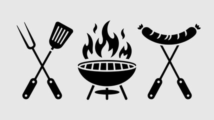Barbecue Grill with Spatula and Sausages Icon for BBQ and Outdoor Cooking Design