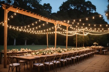 Elegante Hochzeitstafel unter Lichterketten im Freien, mit weißen Blumen und Kerzen
