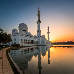 large whith mosque with reflection in water at sun