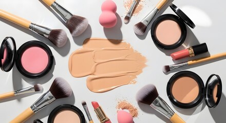 A flat lay arrangement of various makeup products and brushes on a white surface