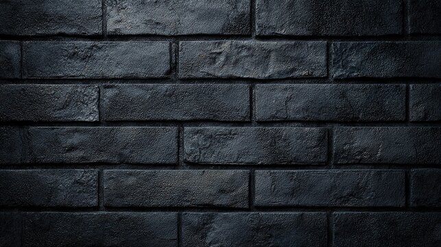 Panoramic black brick wall background with matte texture, subtle roughness variations and even studio lighting