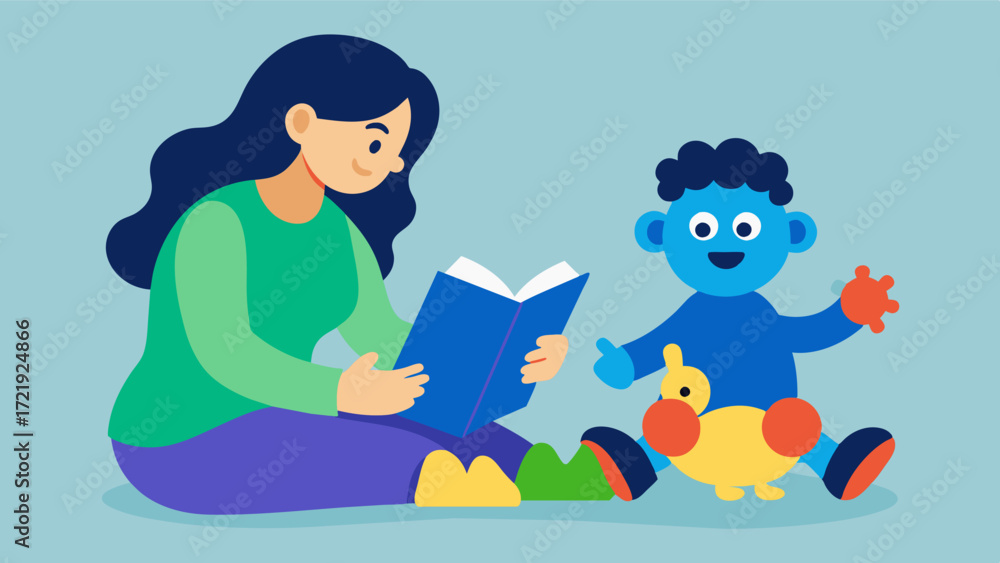 Poster a mother reads a story to her child with autism using puppets and music to capture their attention a
