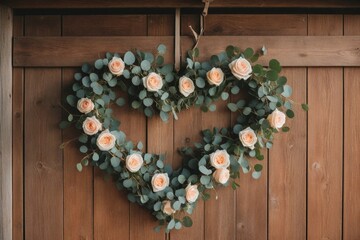 Blumenherz aus Rosen und Eukalyptus als romantische Dekoration an einer Holztür