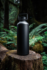 Black water bottle stands tall on a mossy log in a lush forest surrounded by ferns, capturing a moment of tranquility and nature's beauty