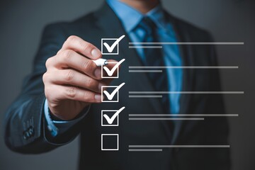 Completing checklist tasks with pen in hand for project management and to do list organization success