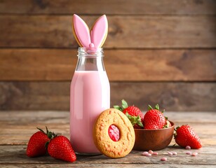 Pink milkshake in a bottle, decorated with cookies and strawberries