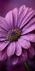 Fototapeta premium Beautiful purple flower covered in raindrops shines in the sunlight during a serene morning in springtime, highlighting nature’s delicate beauty
