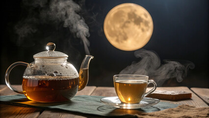 A shimmering glass teapot and cup with rising steam, framed by a glowing moon in a peaceful night sky.