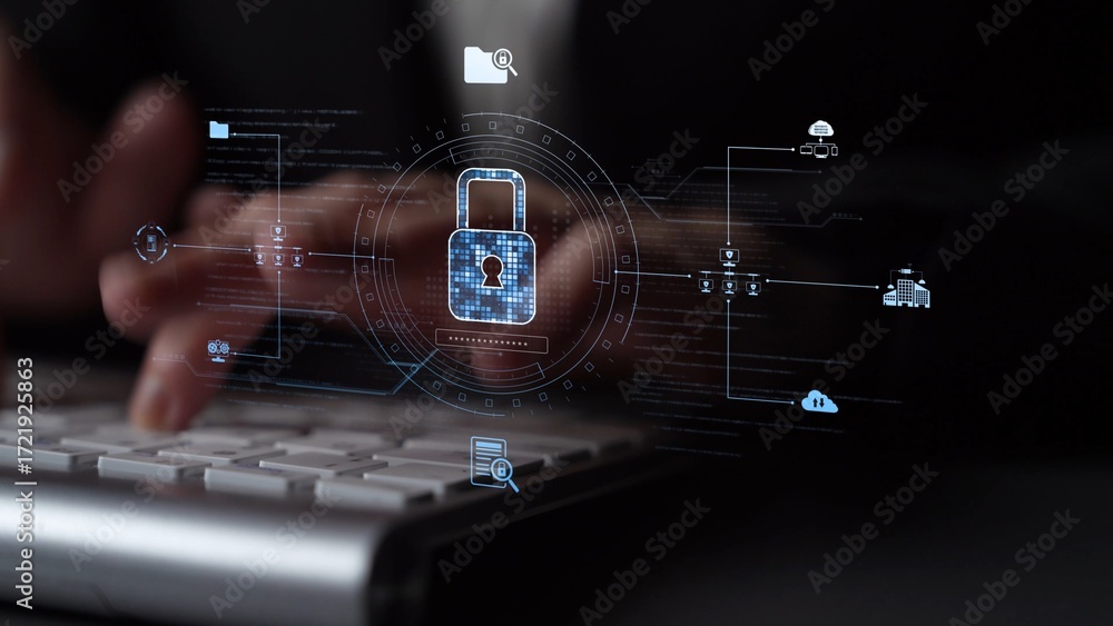 Poster cyber security protection and cyber security strategies against cyber threats, system hacks, digital