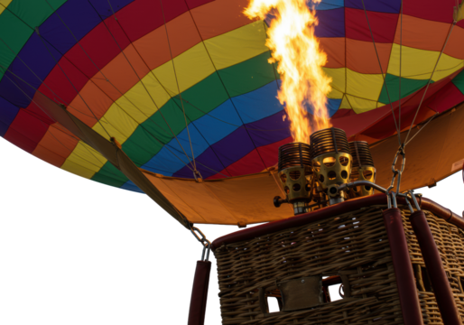 Macro close-up hot air balloon lower section: vibrant ripstop nylon, blazing brass burner, wicker basket, ropes, metal fittings on transparent background, powerful engineering study