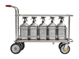 Metal cart with spray bottles isolated on transparent background