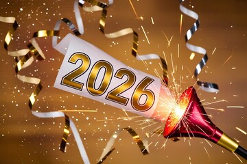 cartel de 2026 dorado sobre fondo blanco, saliendo de una bocina roja brillante con un destello de luz a modo de anuncio, fondo caramelo con confeti dorado cayendo