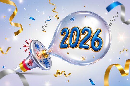 globo de 2026 azul sobre fondo blanco, saliendo de una bocina multicolor brillante a modo de anuncio, fondo claro con confeti azul y dorado cayendo
