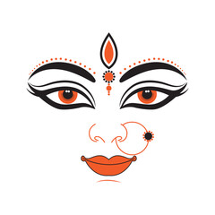 Durga Maa Face Vector with Decorative Eyes, Red Bindi, and Lips Illustration for Use in Navratri, Durga Puja Decorations, Festive Invitations, Spiritual Posters, Religious Artwork, and Indian Cultural
