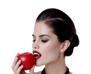 Halloween Vampire Woman with Red Apple on Transparent Background