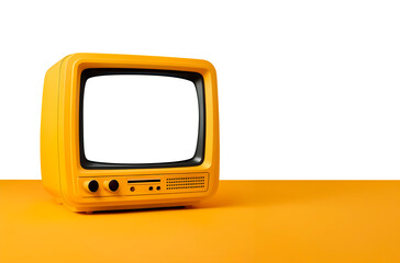 Televis&atilde;o de tubo pequena com tela em branco em fundo transparente sobre mesa amarela