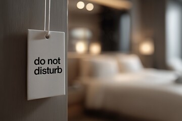 Close up of “Do Not Disturb” sign on hotel room door with blurred bedroom background. Concept of privacy, rest, comfort, hospitality, vacation, travel accommodation, guest service and relaxation.