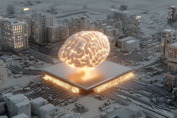 Glowing Brain on Circuit Board: Futuristic Cityscape, AI Concept, Warm Tone, 3D Render