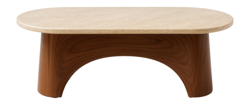Top and side views of a curved coffee table with travertine top and wooden base.