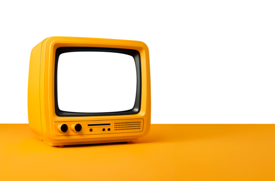 Televisão de tubo pequena com tela em branco em fundo transparente sobre mesa amarela