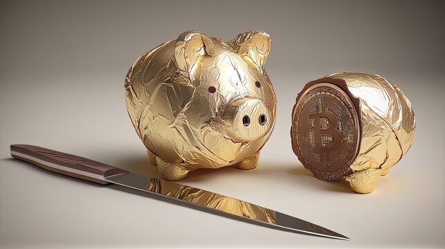 piggy bank wrapped in shiny golden foil, thin ham-carving knife, sliced in half across the middle the interior shows a giant Bitcoin coin full filling its core,  clean background isolated, conceptual