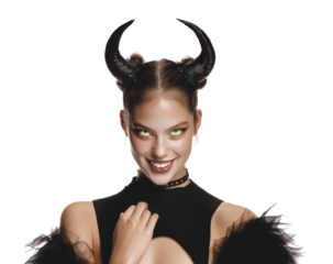 Halloween devil costume with horns and spooky expression on Transparent Background