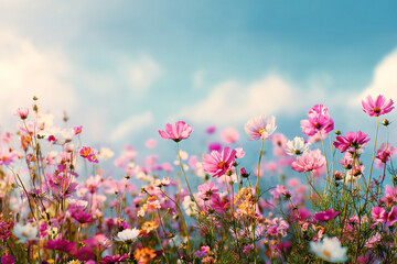 Obraz premium Pink and white cosmos flowers bloom in a field against a blue sky