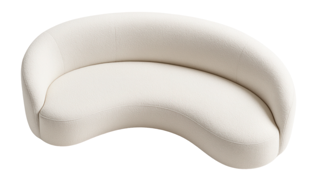 Top view of a white boucle fabric curved sofa.