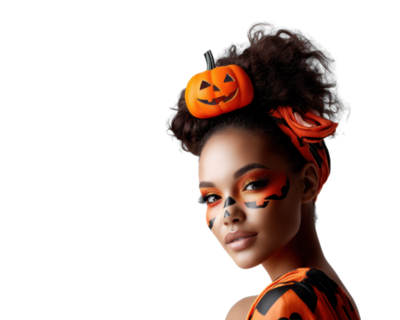 Halloween Pumpkin Makeup with Orange Headband on Transparent Background